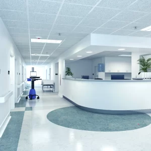 Bright hospital corridor and reception area
