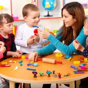 Nursery practitioner playing with toddlers at an activity table